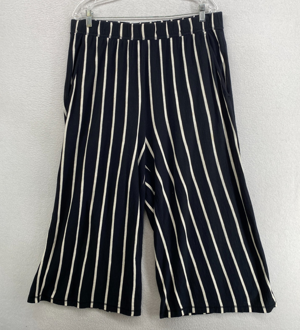 EILEEN FISHER Pants L Organic Cotton Jersey Striped Palazzo Crop Pull On Black